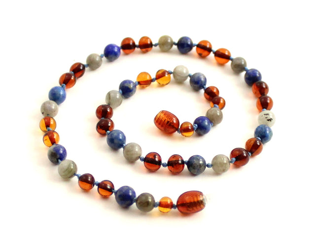 Amber Cognac Polished, Labradorite and Lapis Lazuli Necklace-0