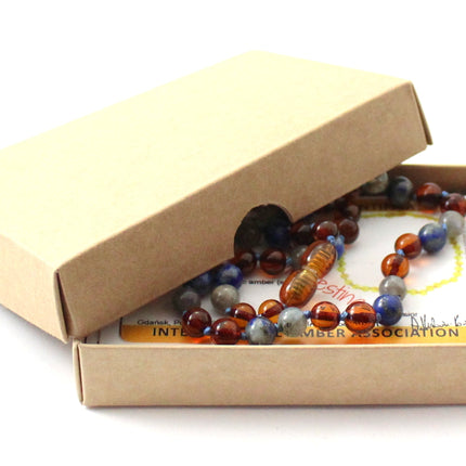 Amber Cognac Polished, Labradorite and Lapis Lazuli Necklace-1