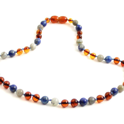 Amber Cognac Polished, Labradorite and Lapis Lazuli Necklace-3