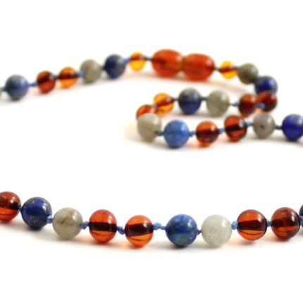 Amber Cognac Polished, Labradorite and Lapis Lazuli Necklace-2