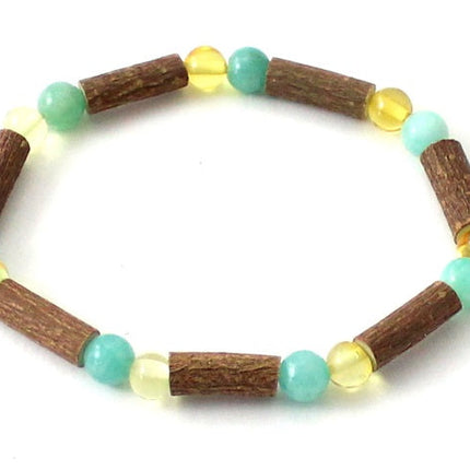 Amber Lemon Polished Stretch Bracelet With Amazonite and Hazelwood-0