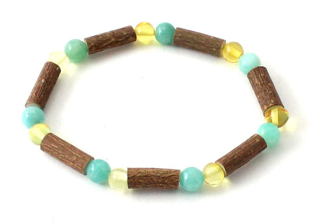 Amber Lemon Polished Stretch Bracelet With Amazonite and Hazelwood-0