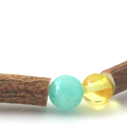 Amber Lemon Polished Stretch Bracelet With Amazonite and Hazelwood-2