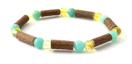 Amber Lemon Polished Stretch Bracelet With Amazonite and Hazelwood-3