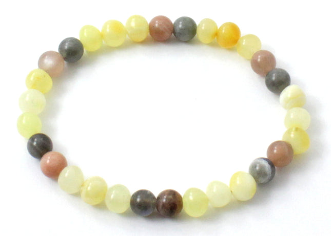 Amber Milky Polished Stretch Bracelet With Pink Sunstone and Labradorite-0