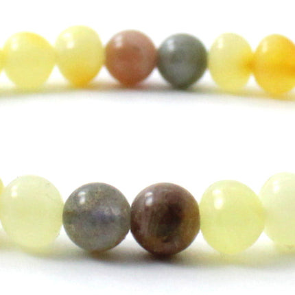 Amber Milky Polished Stretch Bracelet With Pink Sunstone and Labradorite-2