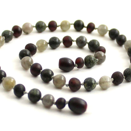 Amber Cherry Unpolished, Gray Labradorite and Green Lace Stone Necklace-0