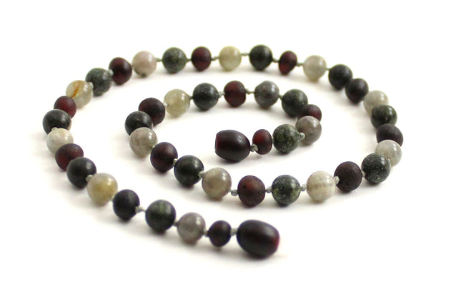 Amber Cherry Unpolished, Gray Labradorite and Green Lace Stone Necklace-0