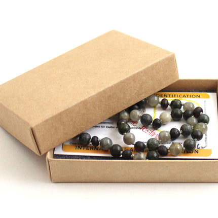 Amber Cherry Unpolished, Gray Labradorite and Green Lace Stone Necklace-1