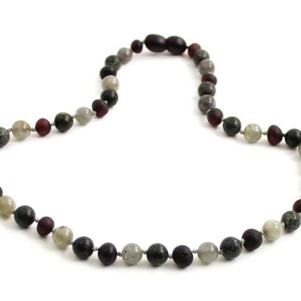 Amber Cherry Unpolished, Gray Labradorite and Green Lace Stone Necklace-2
