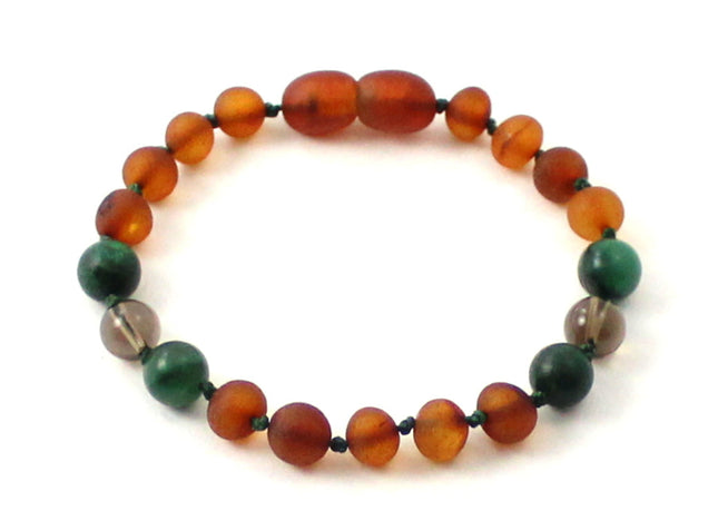 Amber Unpolished Cognac Bracelet With Quartz and Green African Jade-0