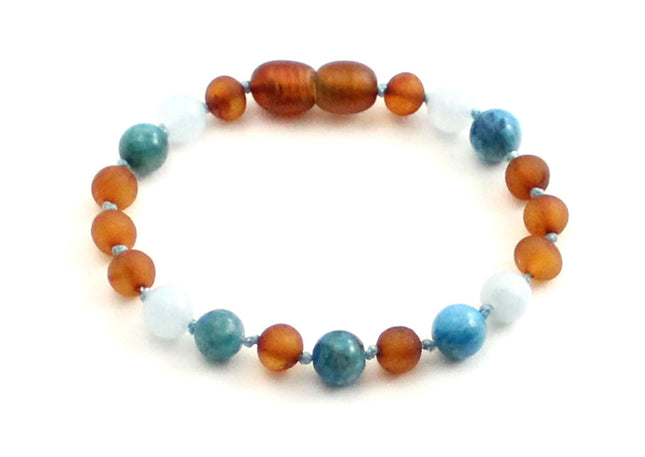 Amber Unpolished Cognac Bracelet With Blue Apatite and Aquamarine-0