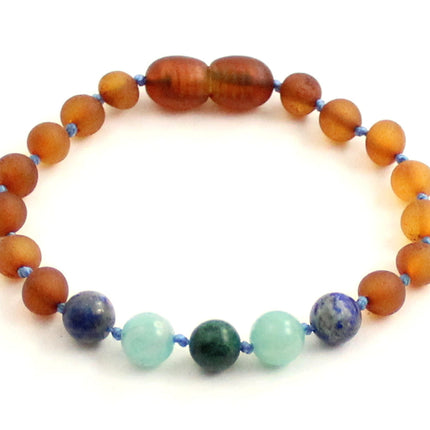 Amber Cognac Unpolished Bracelet With Lapis Lazuli and Gems-0