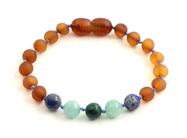 Amber Cognac Unpolished Bracelet With Lapis Lazuli and Gems-0