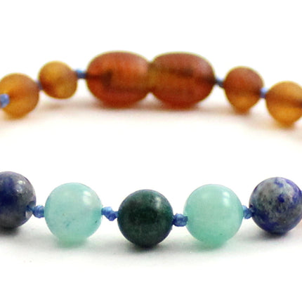 Amber Cognac Unpolished Bracelet With Lapis Lazuli and Gems-4
