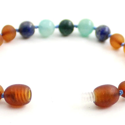 Amber Cognac Unpolished Bracelet With Lapis Lazuli and Gems-3