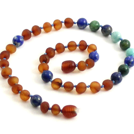 Amber Cognac Raw, Lapis Lazuli Necklace with Gems-0