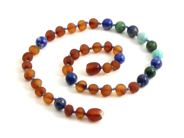 Amber Cognac Raw, Lapis Lazuli Necklace with Gems-0