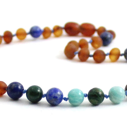 Amber Cognac Raw, Lapis Lazuli Necklace with Gems-3
