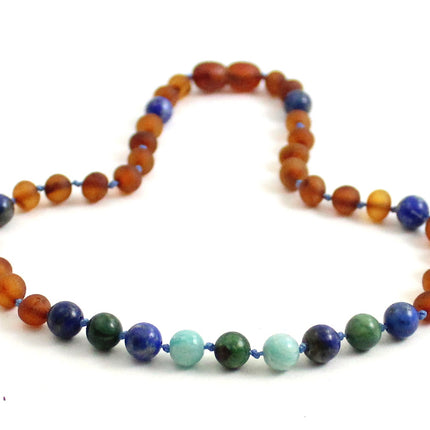 Amber Cognac Raw, Lapis Lazuli Necklace with Gems-2
