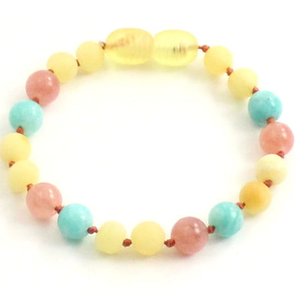 Amber Raw Milky Bracelet With Amazonite and Pink Sunstone-0