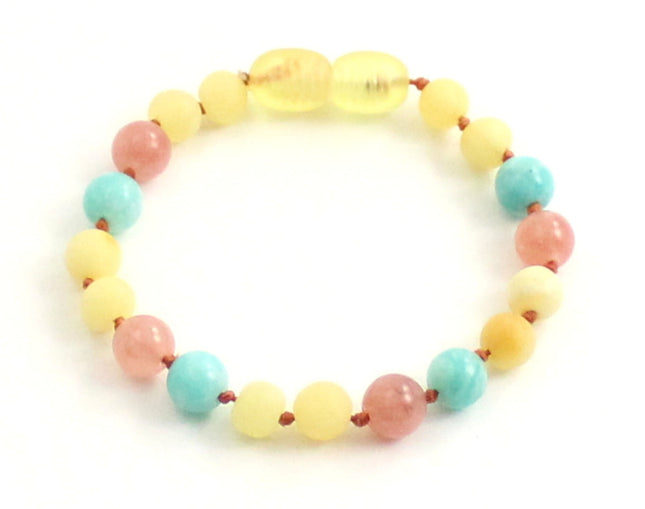 Amber Raw Milky Bracelet With Amazonite and Pink Sunstone-0