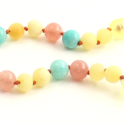 Amber Raw Milky Bracelet With Amazonite and Pink Sunstone-2