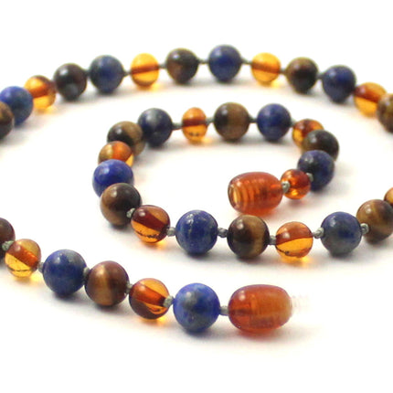 Amber Knotted Cognac Necklace with Lapis Lazuli and Tiger's Eye-0