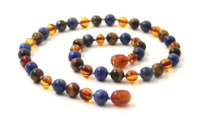 Amber Knotted Cognac Necklace with Lapis Lazuli and Tiger's Eye-0