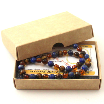 Amber Knotted Cognac Necklace with Lapis Lazuli and Tiger's Eye-1