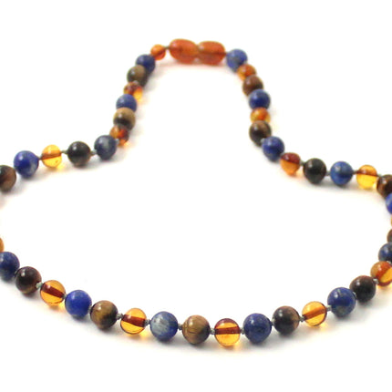 Amber Knotted Cognac Necklace with Lapis Lazuli and Tiger's Eye-2