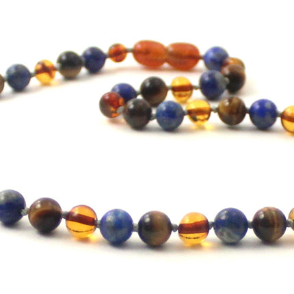 Amber Knotted Cognac Necklace with Lapis Lazuli and Tiger's Eye-3