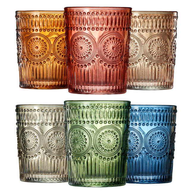 Colored Vintage Drinking Glasses Set | Set of 6 | Tumbler Hobnail 10 OZ Muted Bubble Design Whiskey Glassware, Old-Fashioned, Embossed Design Glass for Water, Wine, Cocktail HAND WASH ONLY-0