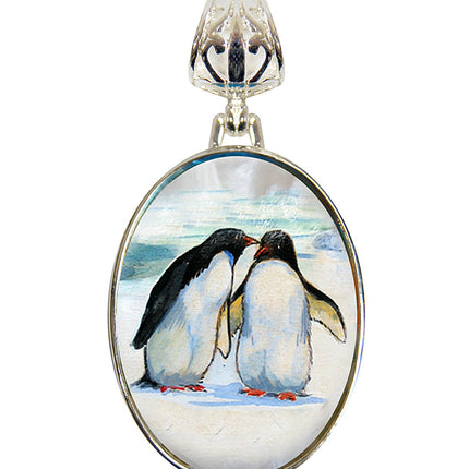 Penguins in Love Silver Plated Mother of Pearl Jewelry Pendant Necklace - 44033-0