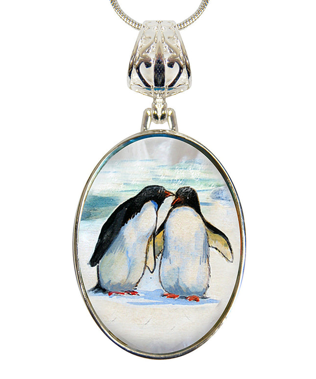 Penguins in Love Silver Plated Mother of Pearl Jewelry Pendant Necklace - 44033-0