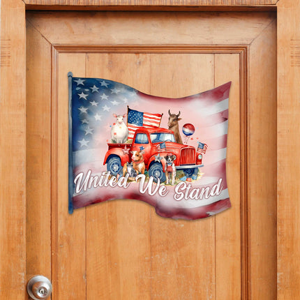 Front door welcome sign American flag United we stand Front porch Patriotic wreath Main entrance banner Welcome sign - Wooden front porch decor - 933106H-3