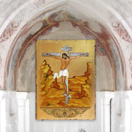 Crucifixion Wooden Gold Plated Religious Christian Sacred Icon - Inspirational Icon Decor - 85058-3