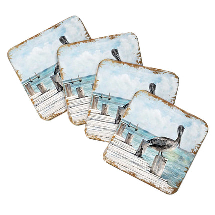 Pelican Coastal Wooden Cork Coasters Gift Set of 4 by Nature Wonders - Coastal Sea-Life Decor - 95252C-S4-4