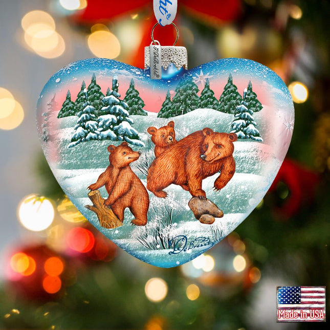 Kodiak Family Heart Glass Ornament by G. DeBrekht - Wildlife Holiday Decor - 73432-0
