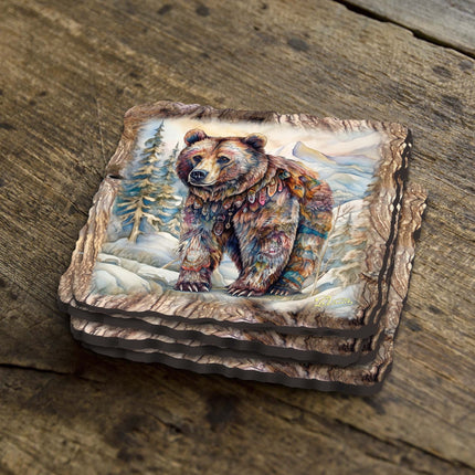 Grizzly Bear Wooden Cork Coasters Gift Set of 4 by Nature Wonders Nature Wildlife Decor  - 95397C-S4-1