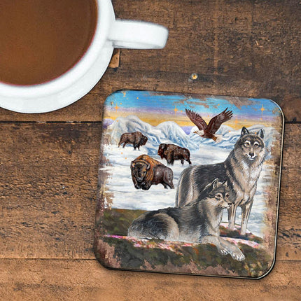 Winter Wolves Wooden Cork Coasters Gift Set of 4 by Nature Wonders - Nature Wildlife Decor  - 95222C-S4-3