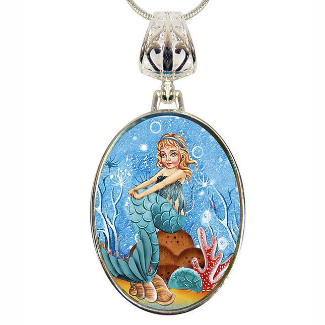 Mermaid Silver Plated Mother of Pearl Jewelry Pendant Necklace - 44042-0