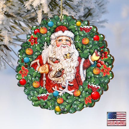 Santa Wreath with Birds Wooden Ornaments by G. DeBrekht - Christmas Santa Snowman Decor - 8185320-1