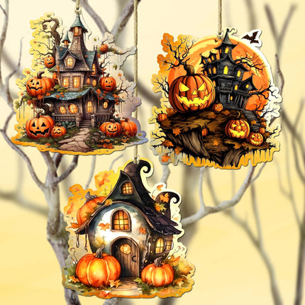 Spooky Houses Decorative Wooden Ornaments of 3 by G. Debrekht - Halloween Decor - 8091007-S3-1