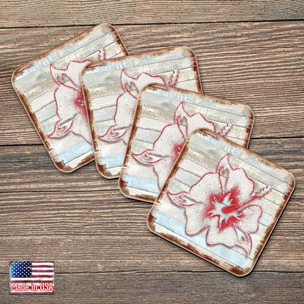 Hibiscus Flower Wooden Cork Coasters Gift Set of 4 by Nature Wonders - Nature Wildlife Decor  - 8198421-9C-S4-0