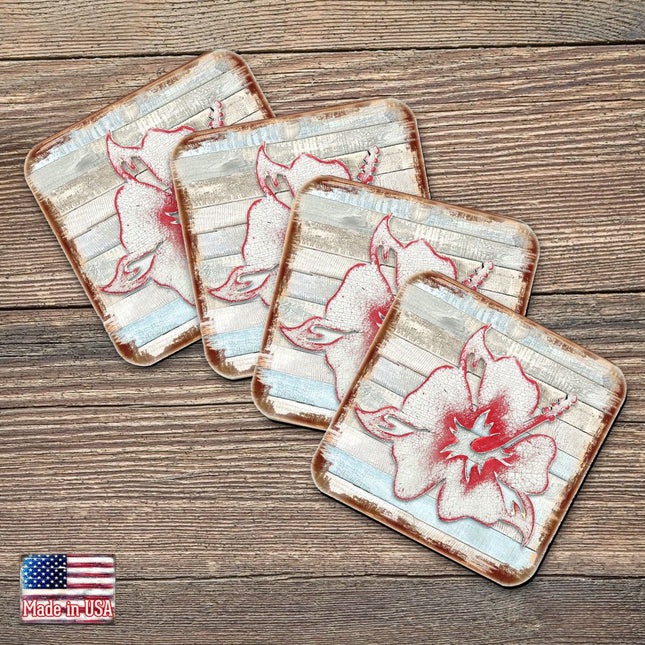 Hibiscus Flower Wooden Cork Coasters Gift Set of 4 by Nature Wonders - Nature Wildlife Decor  - 8198421-9C-S4-0
