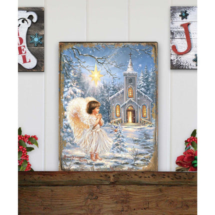 Angel at the Chapel Art Wooden Wall Art by D. Gelsinger - Nativity Holiday Decor - 95659B-1606-4