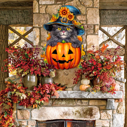 Black Cat Pumpkin Holiday Door Decor by G. DeBrekht - Halloween Decor - 8652794H-3