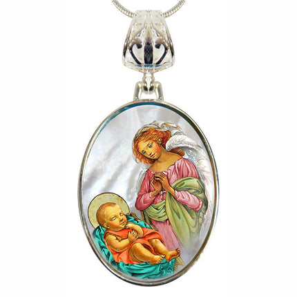 Blessing Angel with Child Silver Plated Mother of Pearl Silver Necklace - 43028-0