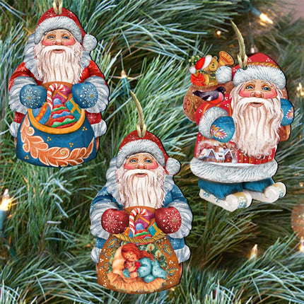 Holiday Gifts Santa Wooden Ornaments Set of 3 by G. DeBrekht - Christmas Santa Snowman Decor - 8100007S3-0